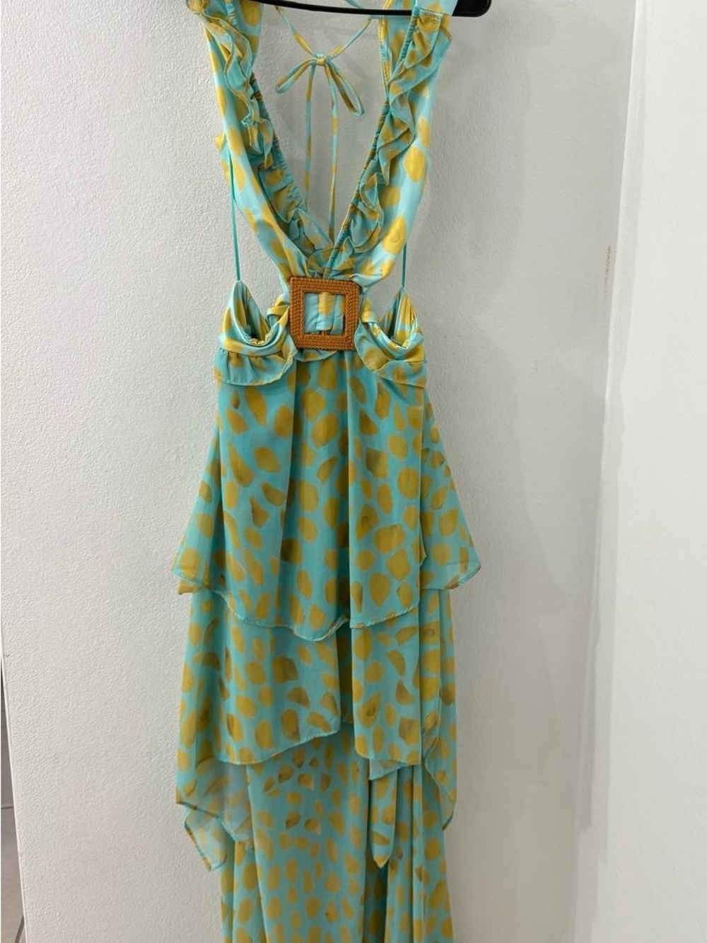 Luxxel Aqua and Yellow Printed Maxi Dress with Ruffled Tiers — NEVER USED